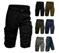 Cargo Shorts for Men 3/4 Length Stretch Plus Size Relaxed Fit Cotton Work Shorts with 7 Pockets Casual Durable Elastic Waist Three Quarter Pants with Belt Loops Summer Heavy Duty Workwear Black