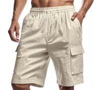 Cargo Shorts for Men Bermuda Short Homme Summer Linen Knee Length SweatShorts with Pockets Drawstring Waisted Pants Chores para Hombre(Khaki, M)
