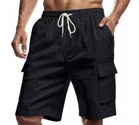 Cargo Shorts for Men Bermuda Short Homme Summer Linen Knee Length SweatShorts with Pockets Drawstring Waisted Pants Shorts Largos para Hombre(Black, M)