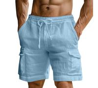 Cargo Shorts for Men Short Homme Cotton Linen Pockets SweatShorts Summer Beach Holiday Elastic Waist Drawstring Pants Pantalones Cortos Hombre(Blue, M)