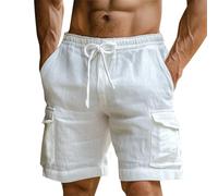 Cargo Shorts for Men Short Homme Cotton Linen Pockets SweatShorts Summer Beach Holiday Elastic Waist Drawstring Pants Short De Mezclilla para Hombre(White, M)