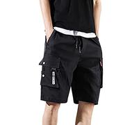 Cargo Shorts for Mens UK Multi Pockets Chino Short Straight-Fit Lightweight Half Pants Solid Color Jogger Shorts Elasticated Waist Drawstring Summer Trunks for Walking,Jogging M-3Xl Black