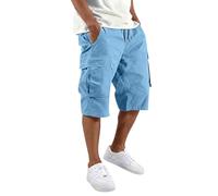 Cargo Shorts Men Summer Casual Elastic Loose Fit Combat Work Shorts Cotton Multi Pocket Drawstring Elastic Waist Knee Length Short Trousers Solid Color Activewear Trousers for Beach Holiday Workout