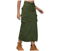 Cargo Skirt for Women UK High Waist Denim Long Skirts Casual Ankle-Length Maxi Skirt Ladies Vintage A-Line Skirts with Multi Pockets