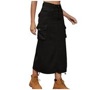 Cargo Skirt for Women UK High Waist Denim Long Skirts Casual Ankle-Length Maxi Skirt Ladies Vintage A-Line Skirts with Multi Pockets