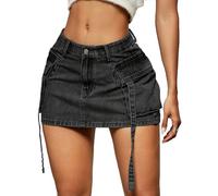 Cargo Skirt Women y2k Button Mini Jeans Skirt Denim Skirt with Pocket Low Waist, Lunar Black, S