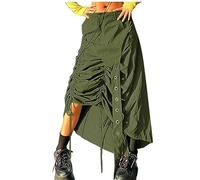 Cargo Skirts for Women Y2k Maxi Skirt Pleated Low Waist Midi Skirt with Drawstring Button Ruched Straight Summer Solid Color Tummy Control Streetwear Army Green