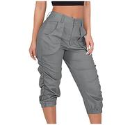 Cargo Trousers 3/4 Women's Summer High Waist Loose Casual Harem Trousers Plain Stretch Ruffle Bermuda Work Trousers Outdoor with Belt Loops Leisure Business Trousers with Pockets, S-3XL, gray, S