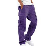 Cargo Trousers for Men UK, Elasticated Waist Classic Trouser Relaxed Fit, Regular Wide Leg Drawstring Trousers with Multi Pockets, Casual Fashion Trouser Men, Lightweight Walking Sweatpants Purple