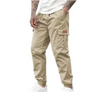Cargo Trousers Men Elasticated Cuffed Work Trousers Solid Color Breathable Sweatpants Regular Fit Cargo Pants with Pockets Joggers Outdoor Work Jogging Pants with Drawstring Khaki