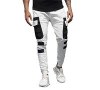 Cargo Trousers Men's Long Fashionable Cargo Trousers Patchwork Multiple Pocket Work Trousers Fashionable Leggings Trousers Tight Fit Lounge Trousers Cotton Leisure Trousers Casual Cargo Pants, White