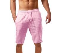 Cargo Trousers Men's Short Linen Shorts Men's Baggy Comfortable Beach Shorts Lightweight Airy Short Sweatpants Cotton Linen Trousers Plain Casual Trousers with Drawstring Loose Fit Men's Shorts, pink