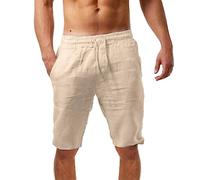 Cargo Trousers Men's Short Linen Shorts Men's Baggy Comfortable Beach Shorts Lightweight Airy Short Sweatpants Cotton Linen Trousers Plain Casual Trousers with Drawstring Loose Fit Men's Shorts, beige