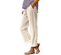 Cargo Trousers Women, Cotton Linen Trousers Womens UK Solid Color Elasticated Waist Trouser Ladies Summer Lounge Pants Plain Loose Fit Capri Pant Casual Straight Leg Bottoms with Pockets