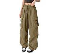 Cargo Trousers Women Petite, Women's Cargo Trousers Hiking Walking Work Lightweight Combat Cotton Parachute Pants Wide Leg Elasticated Waist Khaki Khaki Work Trousers Women with Pockets M