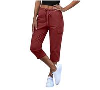 Cargo Trousers Women Stretch 3/4 Length Capris Pant with Multiple Pockets Cropped Trouser Women Summer Casual Loose Fit Drawsting Combat Pants Joggers Lightweight Tracksuit Bottoms Hiking Red
