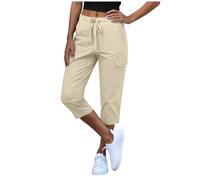 Cargo Trousers Women Stretch 3/4 Length Capris Pant with Multiple Pockets Cropped Trouser Women Summer Casual Loose Fit Drawsting Combat Pants Joggers Lightweight Tracksuit Bottoms Hiking Khaki