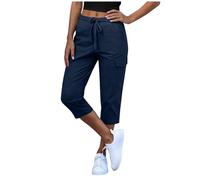 Cargo Trousers Women Stretch 3/4 Length Capris Pant with Multiple Pockets Cropped Trouser Women Summer Casual Loose Fit Drawsting Combat Pants Joggers Lightweight Tracksuit Bottoms Hiking Navy