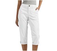 Cargo Trousers Women UK, Ladies Three Quarter Length Cargo Capri Pants with Pockets Summer Back Half Elasticated Waist Cropped Trousers for Outdoor Hiking Walking Work White