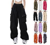 Cargo Trousers Women UK, Women's Cargo Trousers Hiking Walking Work Lightweight Combat Cotton Parachute Pants Wide Leg Elasticated Waist Khaki Black Ladies Cargo Pants high Elastic 3XL