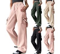Cargo Trousers Women Wide Leg Solid Drawstring Draping Multi-Pocket Elasticated High Waist Combat Pants Baggy Lightweight Breathable Sweatpants Loose Fit Slimming Pants Y2K Streetwear Plus Size Pink