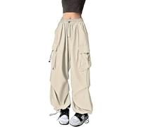 Cargo Trousers Women's Baggy Oversized Vintage 90s Baggy Cargo Trousers High Waist Wide Leg Trousers Y2K Parachute Cargo Pants Teenager Girls Wide Jogging Bottoms with Drawstring, A2 Beige, XL