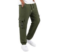 Cargo Work Trousers Men Elasticated Waist Workwear Trousers, European Solid Color Button Front Men's Casual Loose Fit Sporty Cargo Work Pants with Multiple Pockets for Outdoor Street Wear