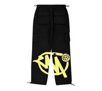 Cargohos Men's Cargo Pants Retro Cargo Trousers Hip Hop Trousers for Men Alcatraz Print in the Crotch with Multiple Pockets and Waistband Y2K Hip Hop Trousers, yellow, L