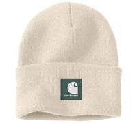 Carhartt Adult Knit Cuffed Rubber Patch Acrylic Watch Hat Beanie, Oat Milk with Olive Green Patch - Adult Unisex One Size