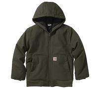 Carhartt Boys' Flannel-Lined Hooded Canvas Insulated Zip-Up Jacket, Olive, 14-16 Years