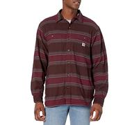 Carhartt Men's Rugged Flex Relaxed Fit Midweight Flannel Fleece-Lined Shirt Work Utility Button, Dark Brown Stripe, S
