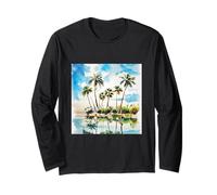 Caribbean Island Paradise Watercolor Palm Trees Beach Art v2 Long Sleeve T-Shirt