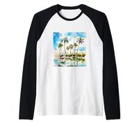 Caribbean Island Paradise Watercolor Palm Trees Beach Art v2 Raglan Baseball Tee
