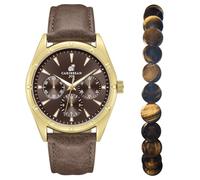 Caribbean Joe Men’s Watch & Yellow Tiger Eye Beaded Bracelet Set - 42mm Gold-Tone Case, Brown Sunray Dial with Faux Subdials, Luminous Gold-Tone Markers, Dark Brown PU Strap, 8mm Natural Stone 8