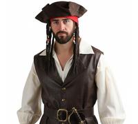 Caribbean Pirate Costume Accessories Set - Adult Brown Tricorn Pirate Hat with Dreadlocks, Red Bandana & Inflatable Cutlass Sword for Halloween & Fancy Dress