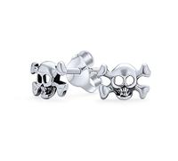 Caribbean Pirate Skeleton Goth Crossbones Skull Stud Earrings Unisex Style for Men, Women, Bikers, Punk Rockers, Teens. Crafted from .925 Sterling Silver.