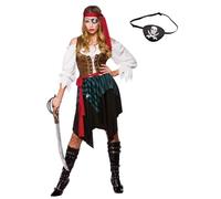 Caribbean Pirate Woman Costume + Skull & Crossbones Eyepatch : Adult Ladies Womens Fancy Dress Outfit (X-Small)