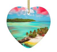 Caribbean Scenery Ceramic Christmas Heart Pendant, The Pottery Piece is Available with Silk Thread