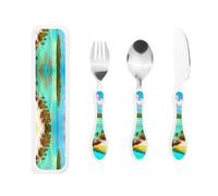Caribbean Scenery Children's Three-Piece Knife, Fork and Spoon Set, The Handles are Plastic PP and 430 Stainless Steel.