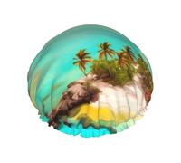 Caribbean Scenery Double layer women's shower cap, reusable, large size design suitable for all hair lengths, suitable for girls, spa and home salon use.