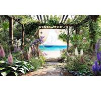 Caribbean Sea View Garden Mural, Tapestry & Curtain Waterproof Outdoor Wall Hanging, Tropical Pergola Garden Wall Art & Coastal Fence Decor W118.11 inches x H70.87 Inches