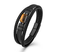 CARICY Tiger Eye Black Leather Bracelet for Men Vintage Double Natural Tiger Eye with Stainless Steel Three-Layer Leather Rope Braided Cuff Bracelet, 8.3 in, Cubic Zirconia