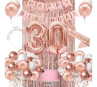 Carileee 30th Birthday Decorations for Her, Happy 30th Birthday Banner, Crown, Sash, Cake Topper, Number Balloons, Rose Gold