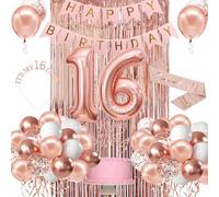 Carileee Sweet 16 Birthday Decorations for Girls, Rose Gold 16th Birthday Banner, Crown, Sash, Cake Topper, Number Balloons, Party Supplies