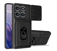 carinacoco Case for Motorola Edge 60 Pro, with Slide Camera Cover+Rotating Finger Ring Stand+Removable Card Holder, Soft TPU+Hard PC Anti-Scratch Military Grade Shockproof Rugged Armour Cover, Black