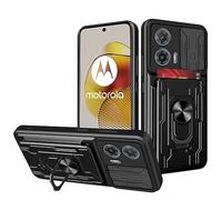 carinacoco Case for Motorola Moto G73 5G, Anti-Scratch Shockproof Rugged Hard Armour Cover with Slide Camera Cover+Rotating Finger Ring Stand+Removable Card Holder, Black