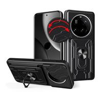 carinacoco Case for Xiaomi 15 Ultra, with Slide Camera Cover+Rotating Finger Ring Stand+Removable Card Holder, Soft TPU+Hard PC Anti-Scratch Military Grade Shockproof Rugged Armour Cover, Black