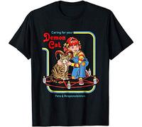 Caring for Your Demon Cat Steven Rhodes Funny Cult T-Shirt Top Tee Camiseta Short-Sleeve for Men Black L