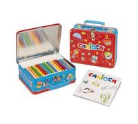 CARIOCA Colors + Coloring Book - Tin Box (red) with 100 CARIOCA Joy Markers with Fine Tip 2.8mm Super Washable Ink + 1 Coloring Book - Color Kit, Made in Italy