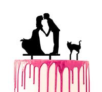 CARISPIBET decorative cake topper bride and groom holding hands for a kiss with a pet cat at their side acrylic silhouette